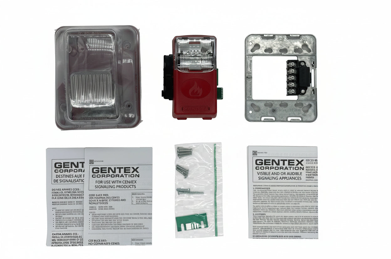 Gentex WGES24-75WR strobe light with red lens and mounting hardware, designed for emergency warning systems.