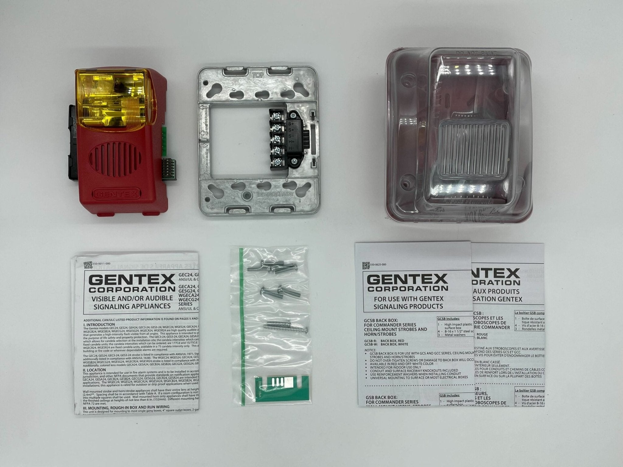 Gentex WGECA24-75PWR outdoor horn strobe alarm with red casing and mounting bracket for industrial fire and security systems.