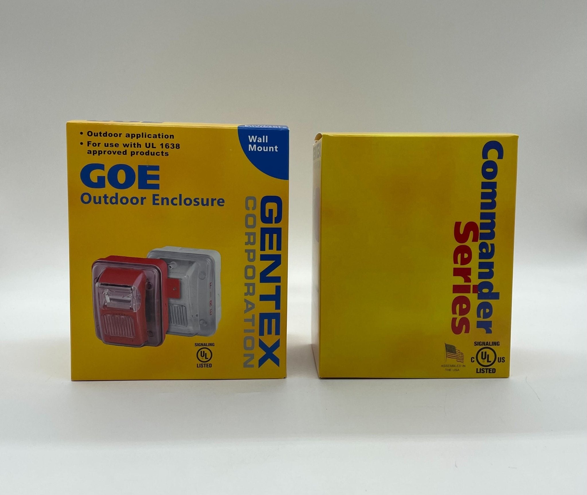 Gentex WGECB24-75PWW horn strobe alarm with white housing, visible wiring, and mounting bracket for fire and security systems