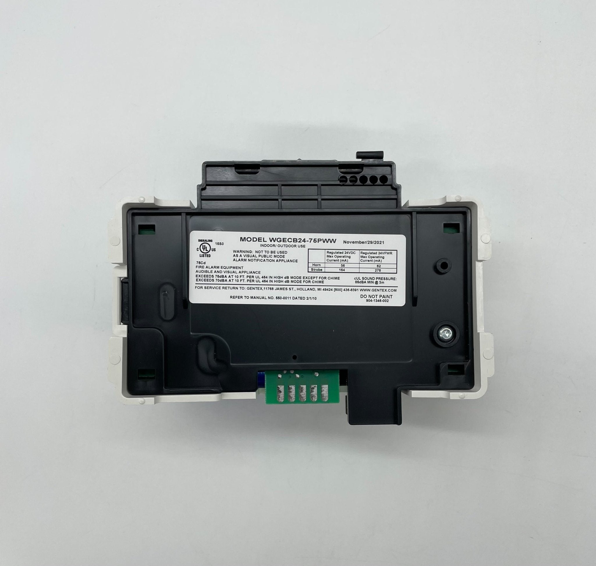 Gentex WGECB24-75PWW horn strobe alarm with white housing and clear lens, designed for fire safety and alert signaling.