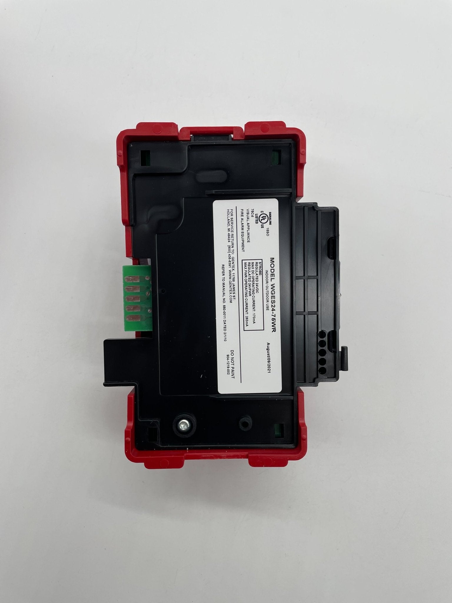 Gentex WGES24-75WR strobe light, white warning light with clear lens, mounted on ceiling for emergency signaling.