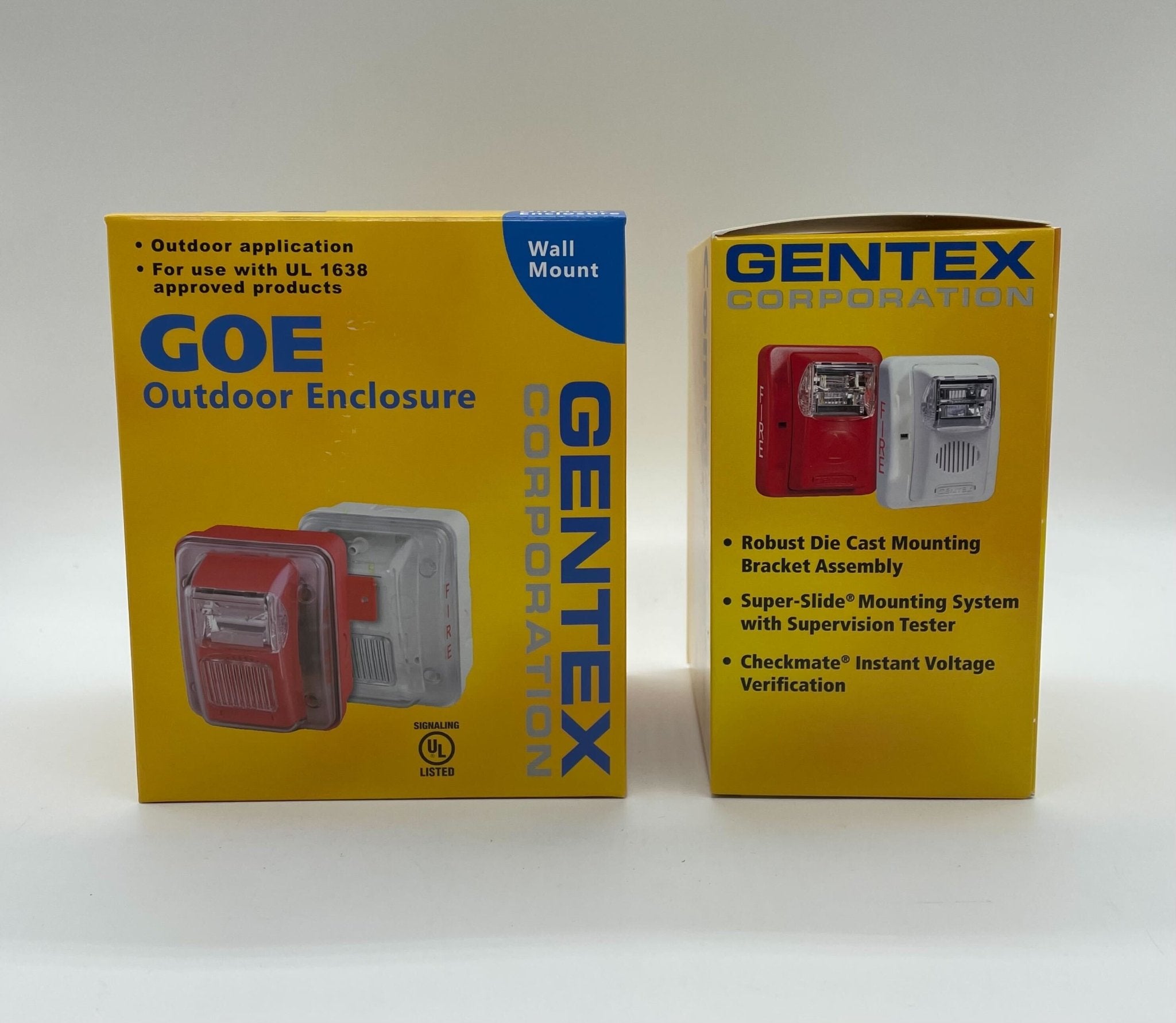 Gentex WGES24-75WR strobe light with red lens, mounted on a ceiling, designed for emergency warning systems.