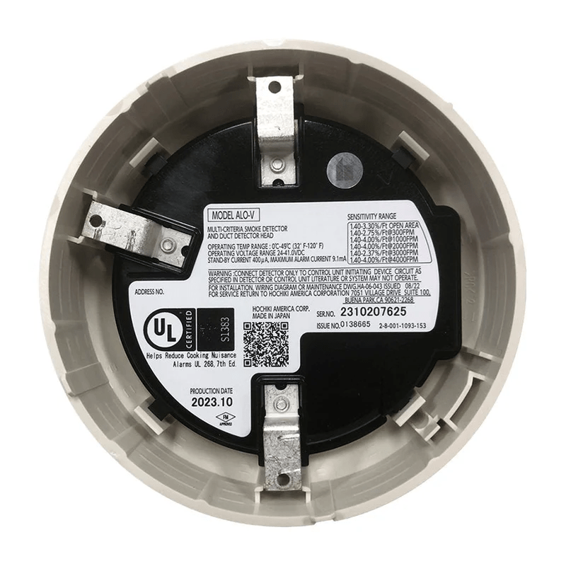 Hochiki ALO-V smoke detector with alarm module from JEM Systems Canada, featuring a white sensor device with wiring.