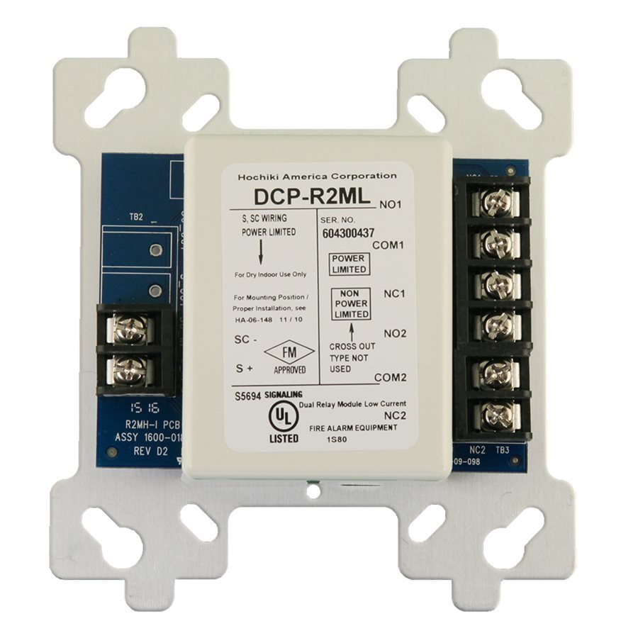 Hochiki R2ML fire alarm sensor with wiring and mounting components on a white background.
