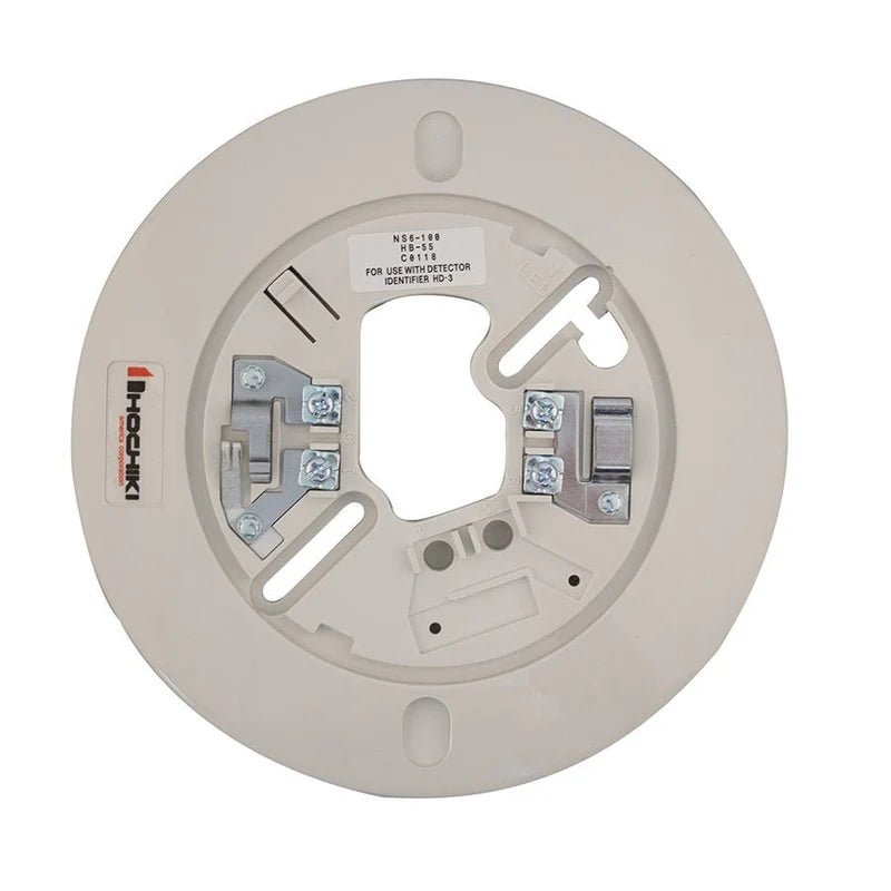 Hochiki NS6-100 smoke detector sensor mounted on ceiling, designed for fire alarm systems by Hochiki.
