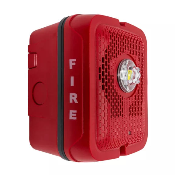System Sensor SPSRKLED fire alarm strobe light with LED, white housing, mounted on wall for emergency alert signaling