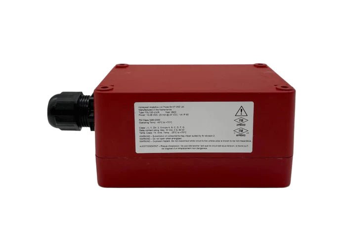 Honeywell FSL100-UVIR security sensor with infrared and UV detection technology, shown mounted on a wall.