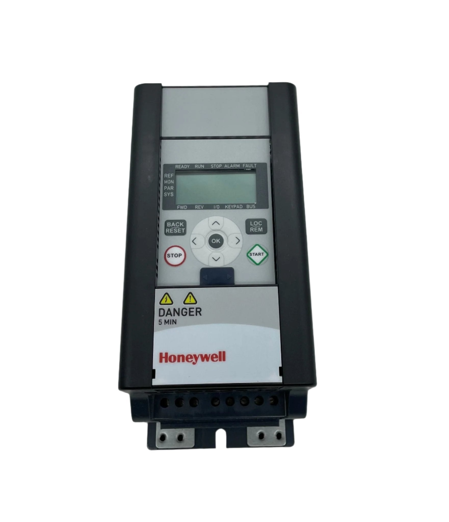 Honeywell HVFD2D3B0015 electronic variable frequency drive with control panel and wiring for HVAC applications.