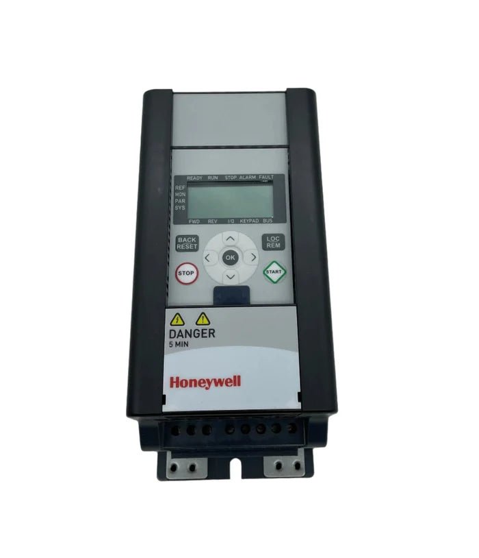 Honeywell HVFD2D3B0015 electronic variable frequency drive with control panel and wiring for HVAC applications.