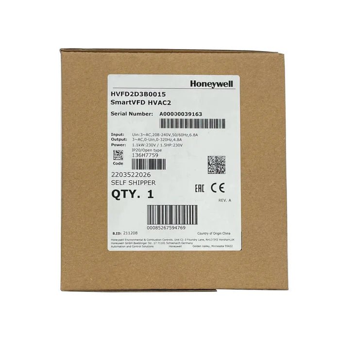 Honeywell HVFD2D3B0015 variable frequency drive with digital display and control buttons for industrial motor regulation.