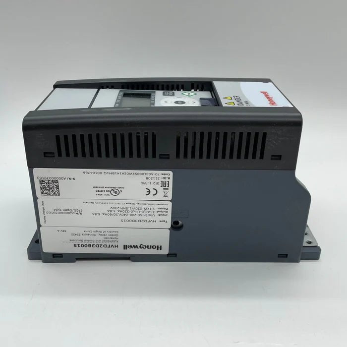 Honeywell HVFD2D3B0015 variable frequency drive with digital display and control panel for industrial motor regulation.