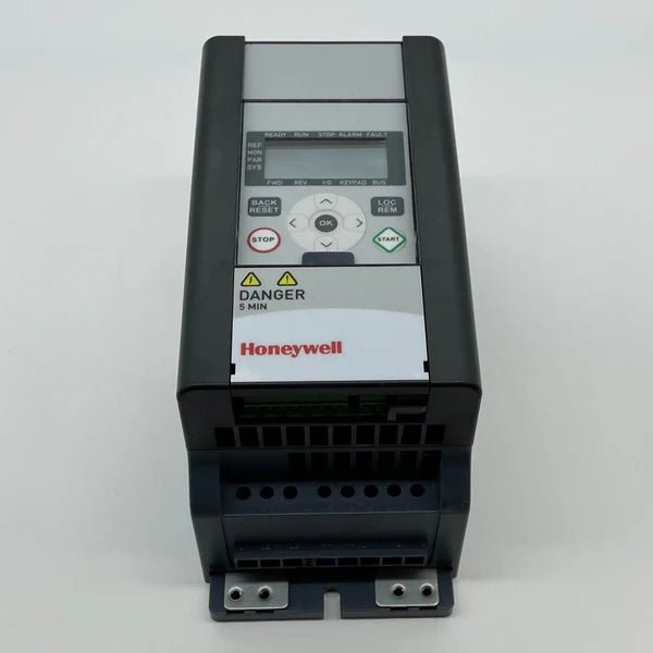 Honeywell HVFD2D3B0020 variable frequency drive mounted on a panel for industrial motor control system.