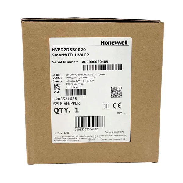 Honeywell HVFD2D3B0020 digital flow switch with display and control buttons, used for industrial fluid flow monitoring.