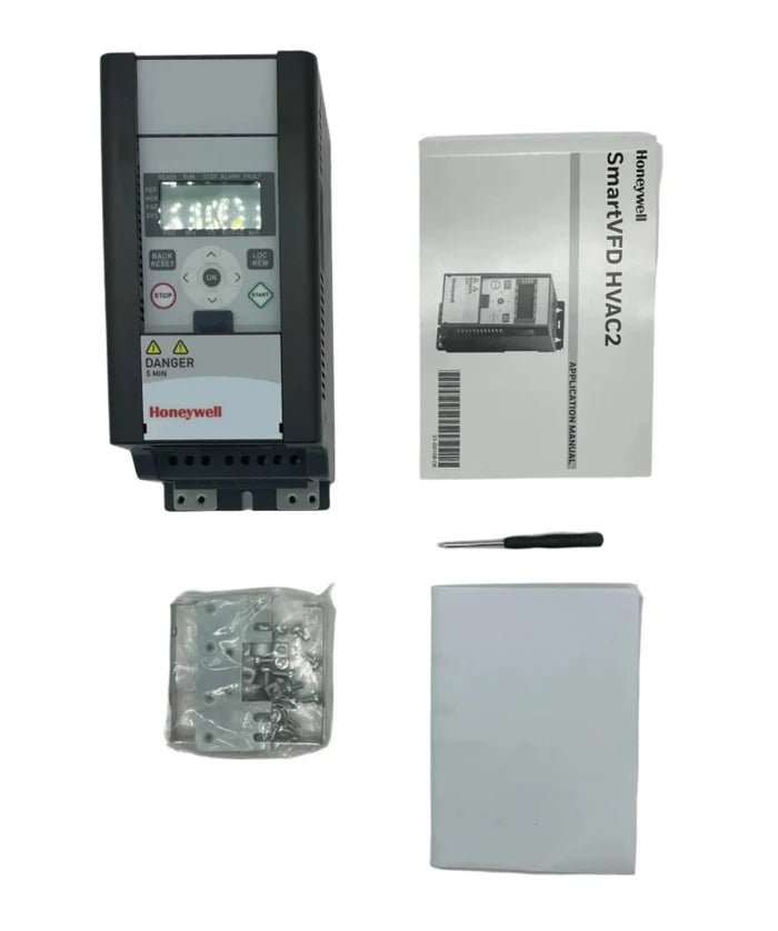 Honeywell HVFD2D3C0020E2 variable frequency drive unit with control panel and wiring for industrial HVAC systems