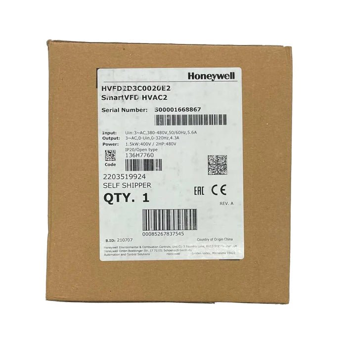 Honeywell HVFD2D3C0020E2 variable frequency drive mounted on industrial equipment, with control panel and wiring visible