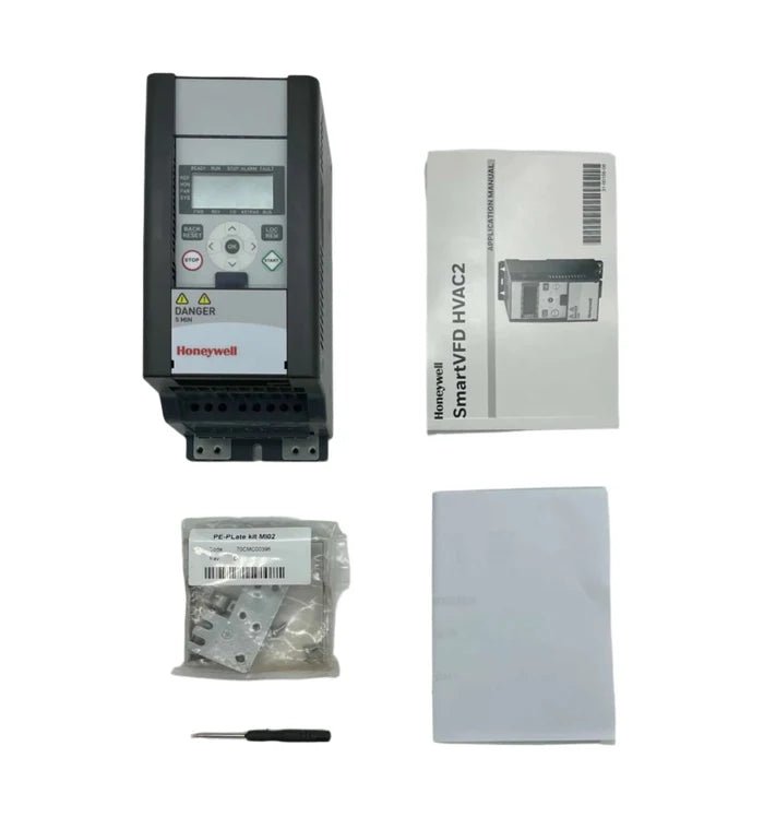 Honeywell HVFD2D3C0030E2 industrial variable frequency drive with control panel and wiring for HVAC and motor applications