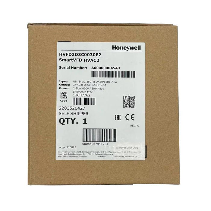 Honeywell HVFD2D3C0030E2 variable frequency drive with digital controls and cooling fan for industrial applications