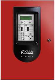 Kidde FX-64R-2 fire alarm detector mounted on ceiling, with white plastic housing and test button, designed for residential safety.