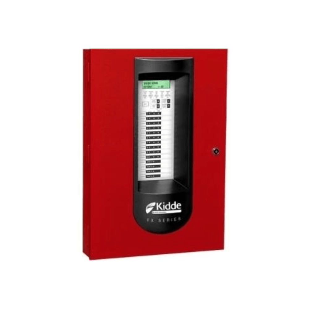 Kidde FX-10RD smoke detector mounted on ceiling, black and white model with test button and alarm indicator light.