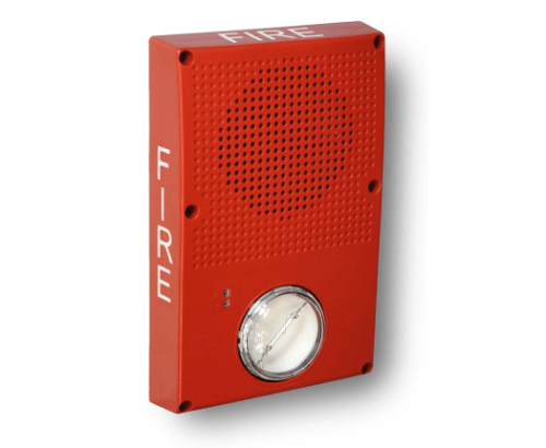 Edwards WG4RF-HVMHC horn strobe alarm device with yellow housing and mounting bracket, designed for emergency notification systems