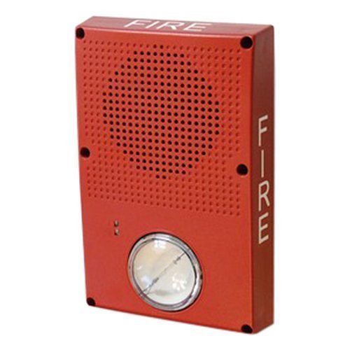 Edwards WG4RN-HVMHC horn strobe alarm device mounted on a wall with visible wiring and mounting hardware.