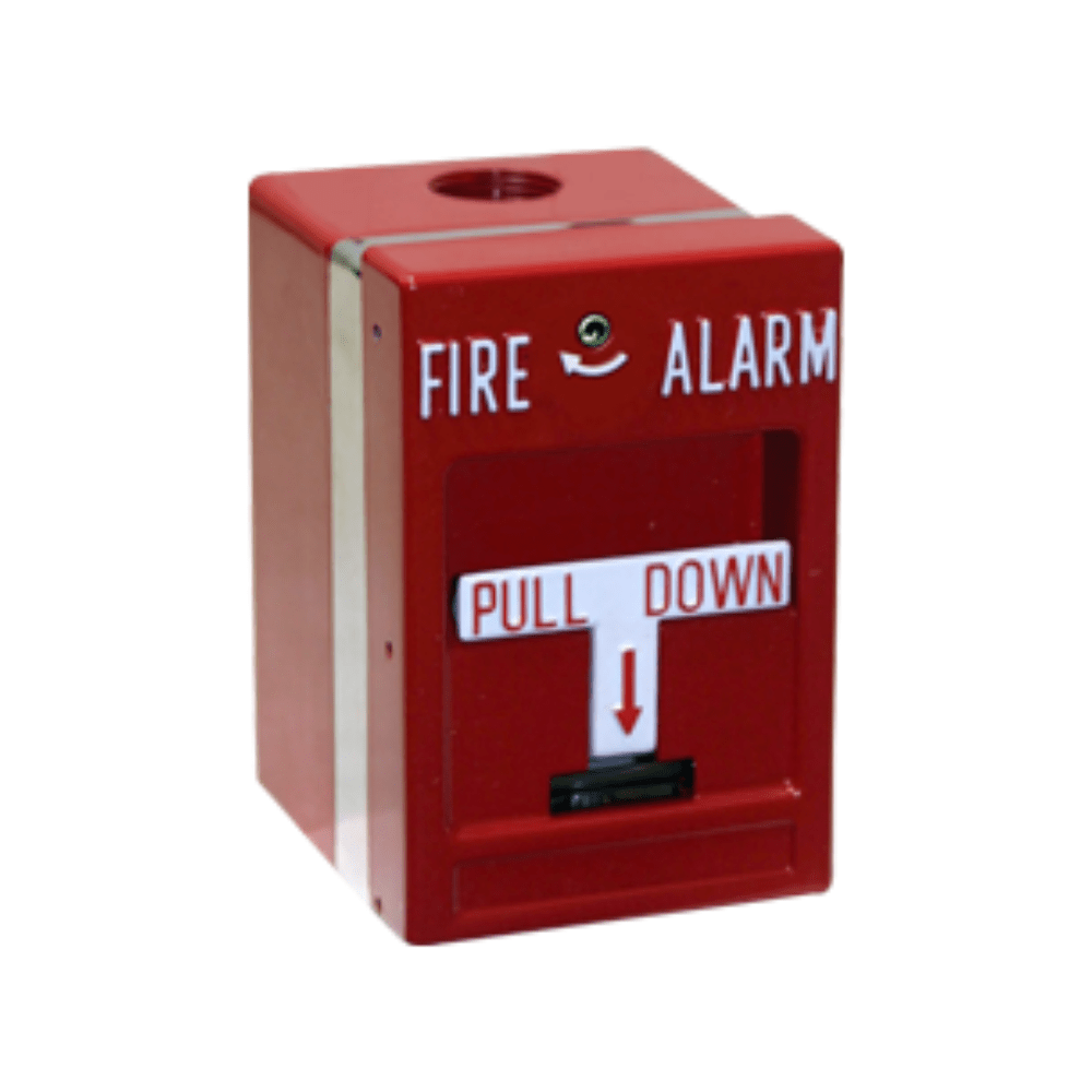 Edwards MPSR1-S45W-GE pull station mounted on wall, emergency alarm device with clear labeling.