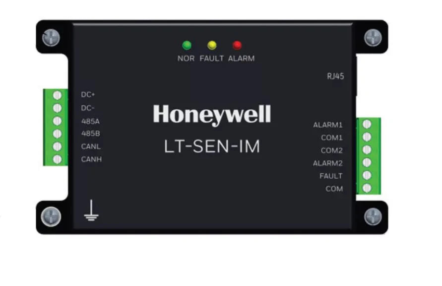 Li-Ion Tamer LT-SEN-IM-UL fire alarm by Li-Ion Tamer with sensor and UL certification, mounted on a wall.