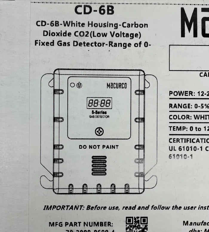 Macurco CD-6B carbon dioxide detector with digital display and sensor for indoor air quality monitoring