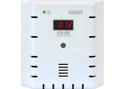 Macurco CD-6B carbon dioxide detector mounted on wall, with digital display and sensor in a professional environment.