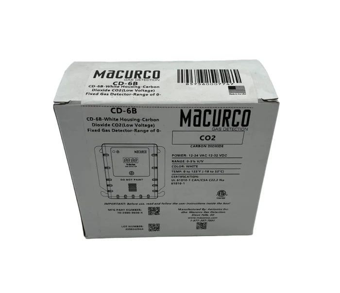 Macurco CD-6B gas detector sensor with digital display for indoor air quality monitoring, shown with mounting hardware and wiring.