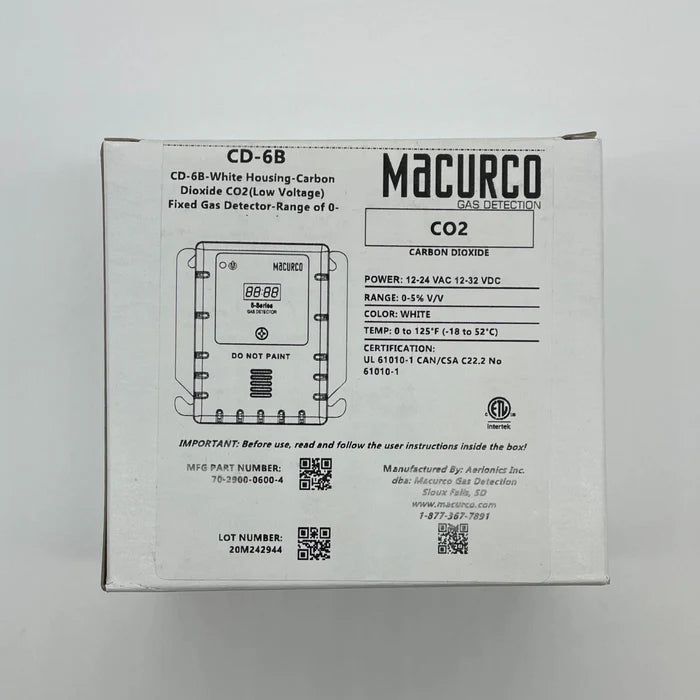 Macurco CD-6B carbon dioxide detector with digital display for indoor air quality monitoring.
