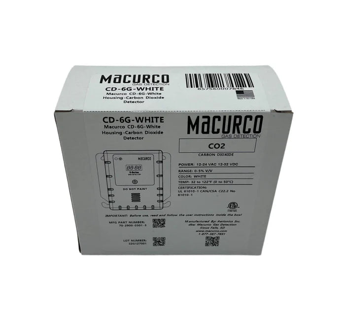 Macurco CD-6G gas detector sensor with digital display, used for indoor air quality and safety monitoring.