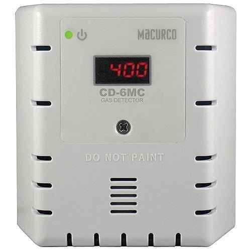 Macurco CD-6MC gas detector with digital display for detecting carbon monoxide levels in indoor environments.