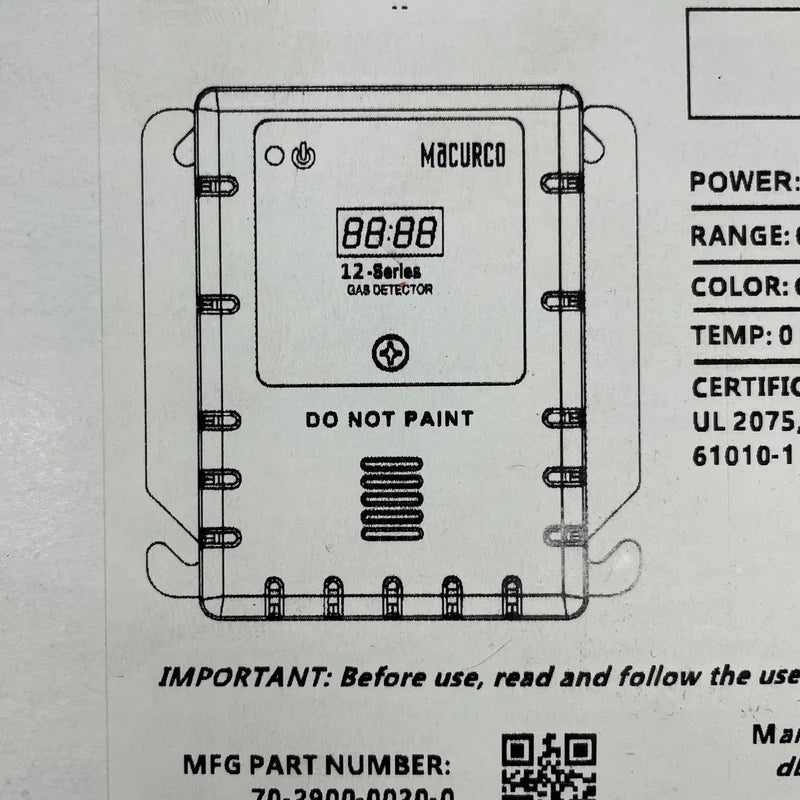 Macurco CM-12 gas detector sensor with black casing and digital display, designed for safety and environmental monitoring.