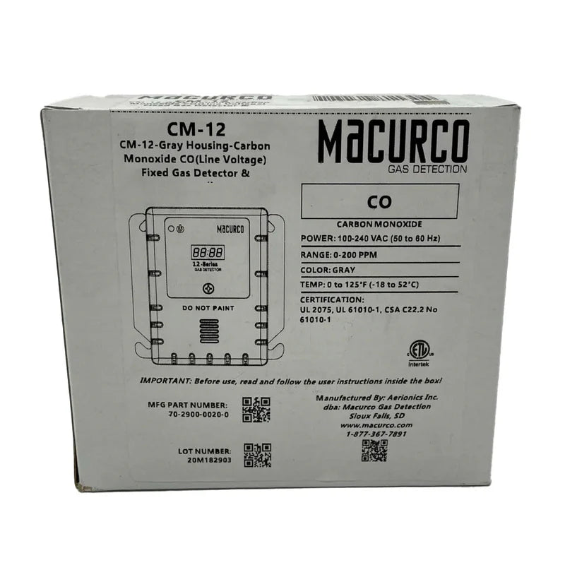 Macurco CM-12 carbon monoxide detector mounted on a wall, featuring digital display and compact design.
