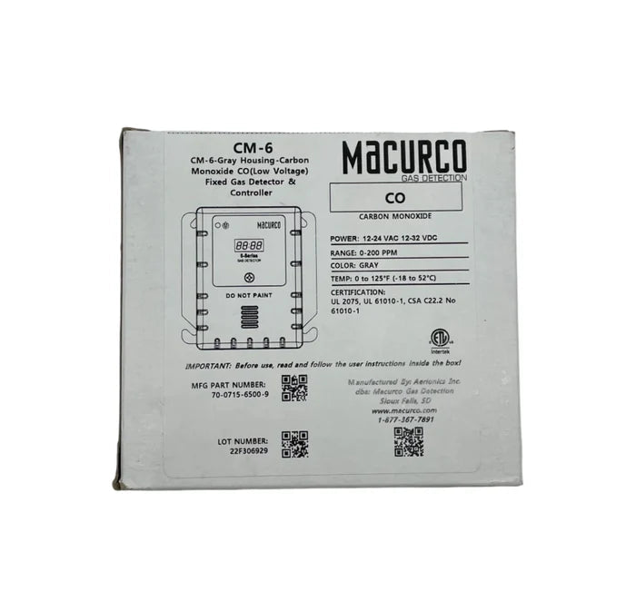 Macurco CM-6 gas detector with digital display and sensor, designed for indoor air quality monitoring and safety.