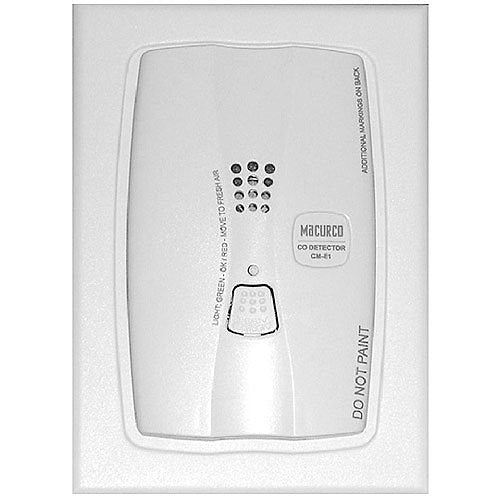 Macurco CM-E1-IAK gas detector sensor with mounting hardware, designed for indoor air quality monitoring and safety.