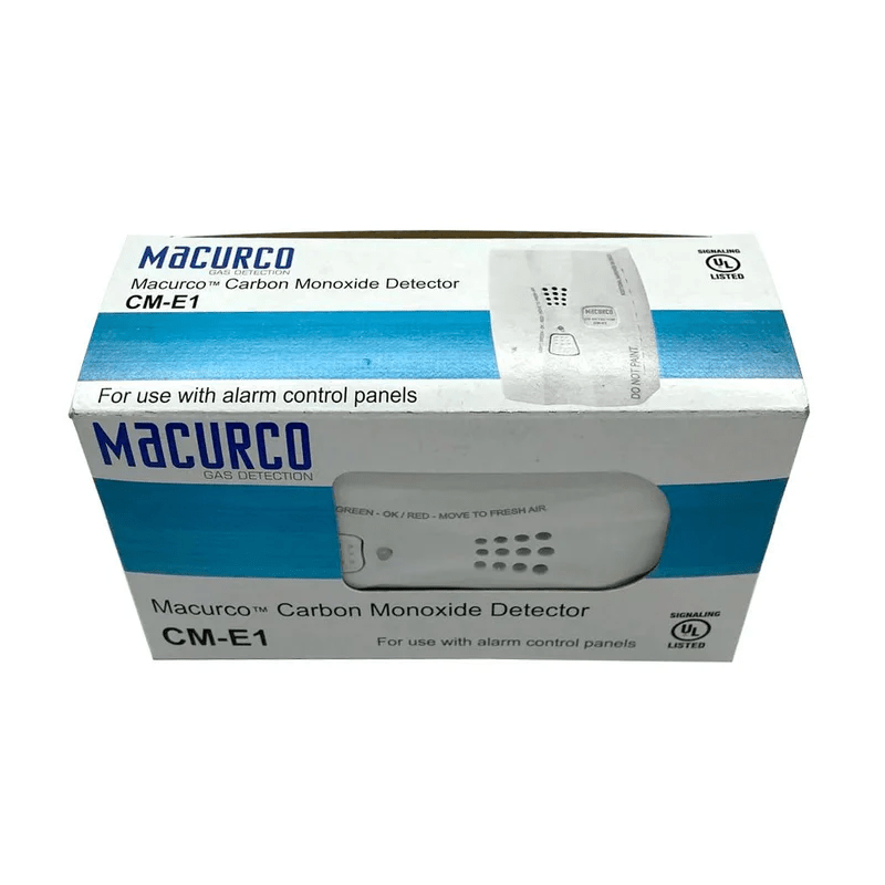 Macurco CM-E1 gas detector sensor with protective casing, designed for indoor air quality monitoring and safety.