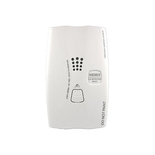 Macurco CM-E1 carbon monoxide sensor with digital display, mounted on a wall for home or commercial air quality monitoring