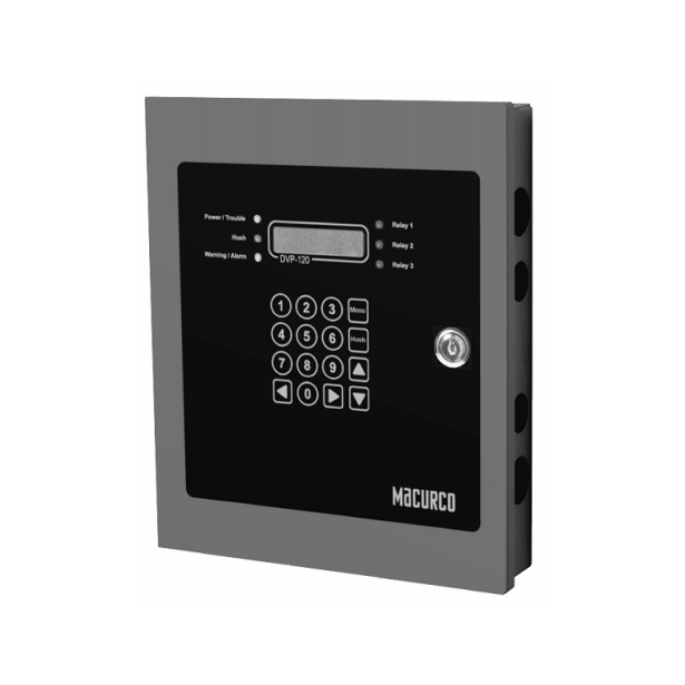 Macurco DVP-120M gas detector with digital display and mounting bracket, designed for indoor air quality monitoring.