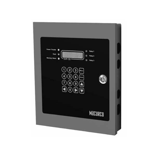 Macurco DVP-120M gas detector with digital display and mounting bracket, designed for indoor air quality monitoring.