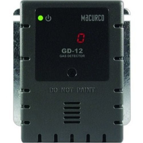 Macurco GD-12 gas detector sensor with digital display for monitoring indoor air quality and gas levels.