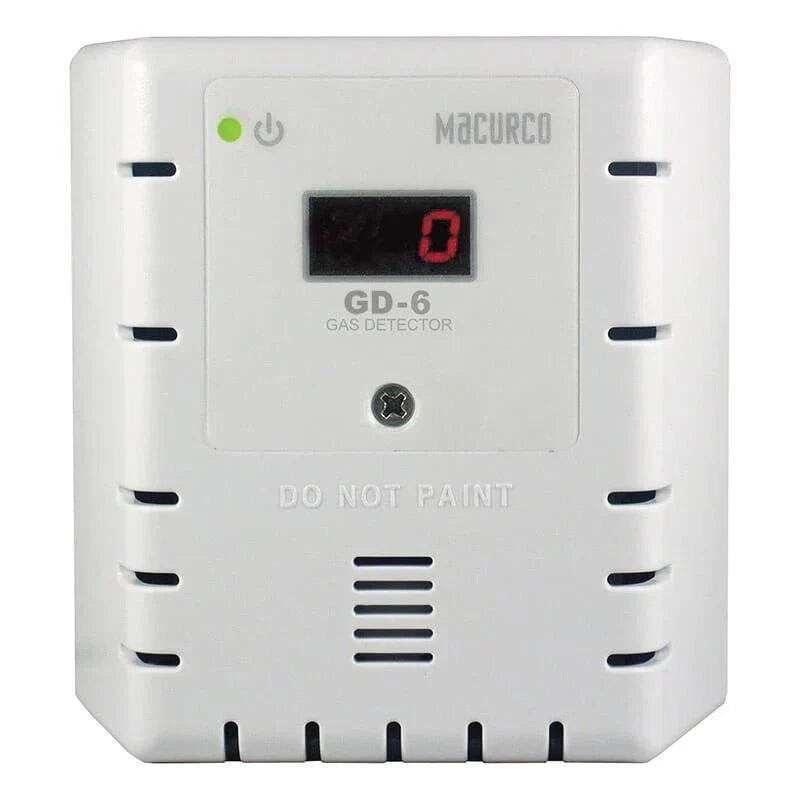 White Macurco GD-6 gas detector with digital display and sensor, designed for indoor air quality monitoring and safety.