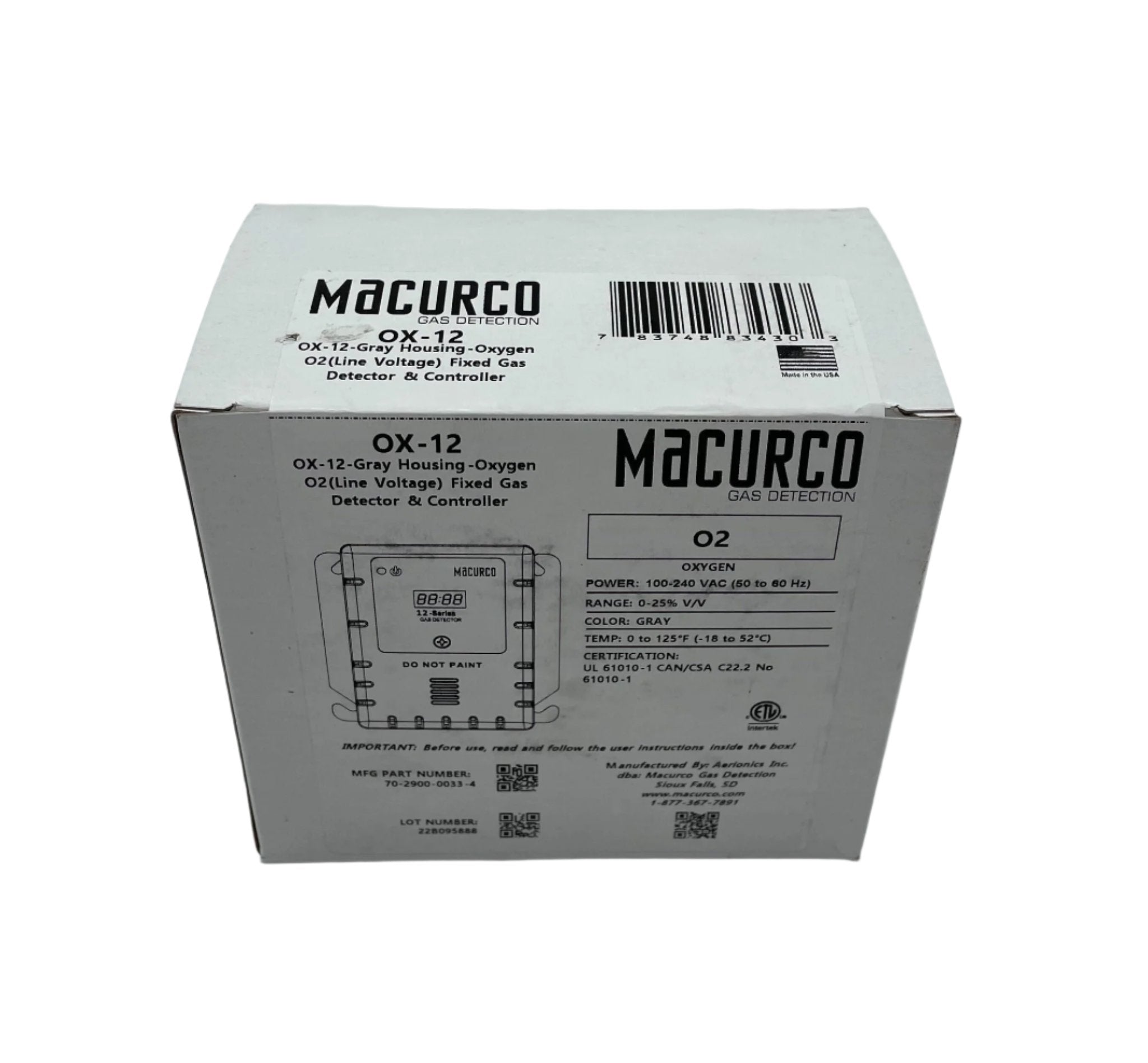 Macurco OX-12 gas detector sensor with digital display and control buttons, designed for indoor air quality monitoring.