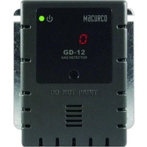 Macurco GD-12 gas detector sensor with digital display for monitoring indoor air quality and gas levels.