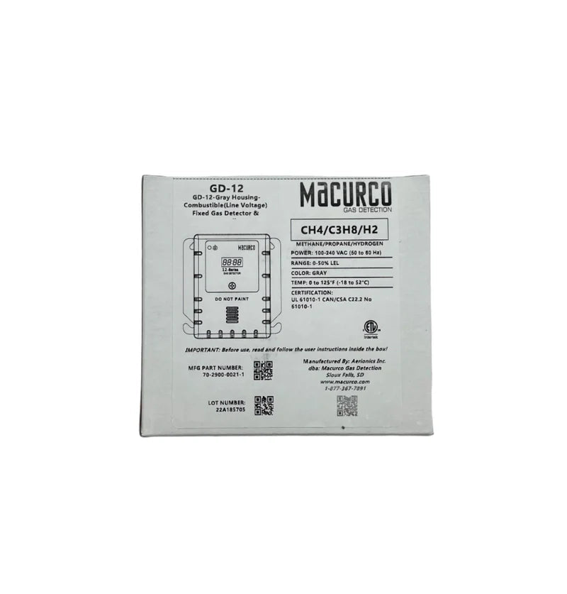 Macurco GD-12 gas detector with digital display and sensor, designed for air quality monitoring and safety applications.