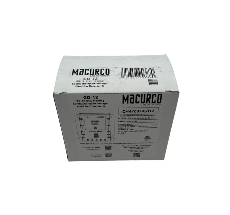 Macurco GD-12 gas detector with digital display and sensor for monitoring indoor air quality and gas levels.