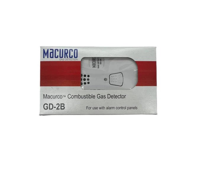 Macurco GD-2B gas detector sensor with Jem Systems Canada branding, showing the device's front panel and sensor components.