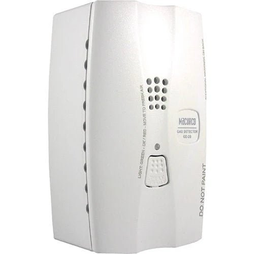Macurco GD-2B gas detector sensor with digital display showing detection levels and status indicators.