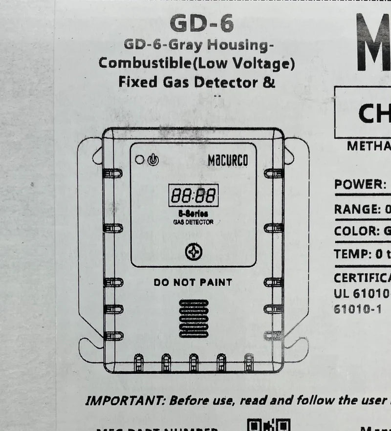 Macurco GD-6 gas detector with digital display and sensor, used for detecting airborne gases in industrial environments